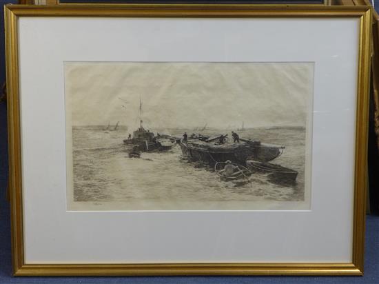 William Lionel Wyllie (1851-1931) Tug boat towing Rochester barges, 11.75 x 20.25in